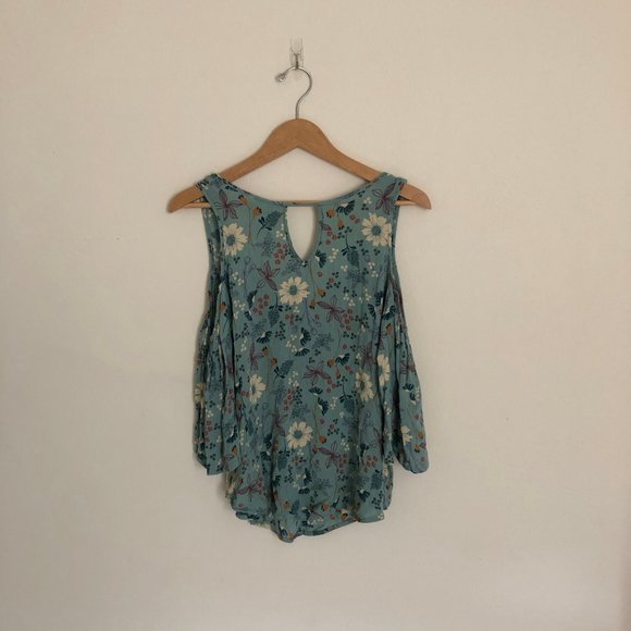 Mossimo | Blue Floral Print Cold Shoulder Top - Picture 4 of 5